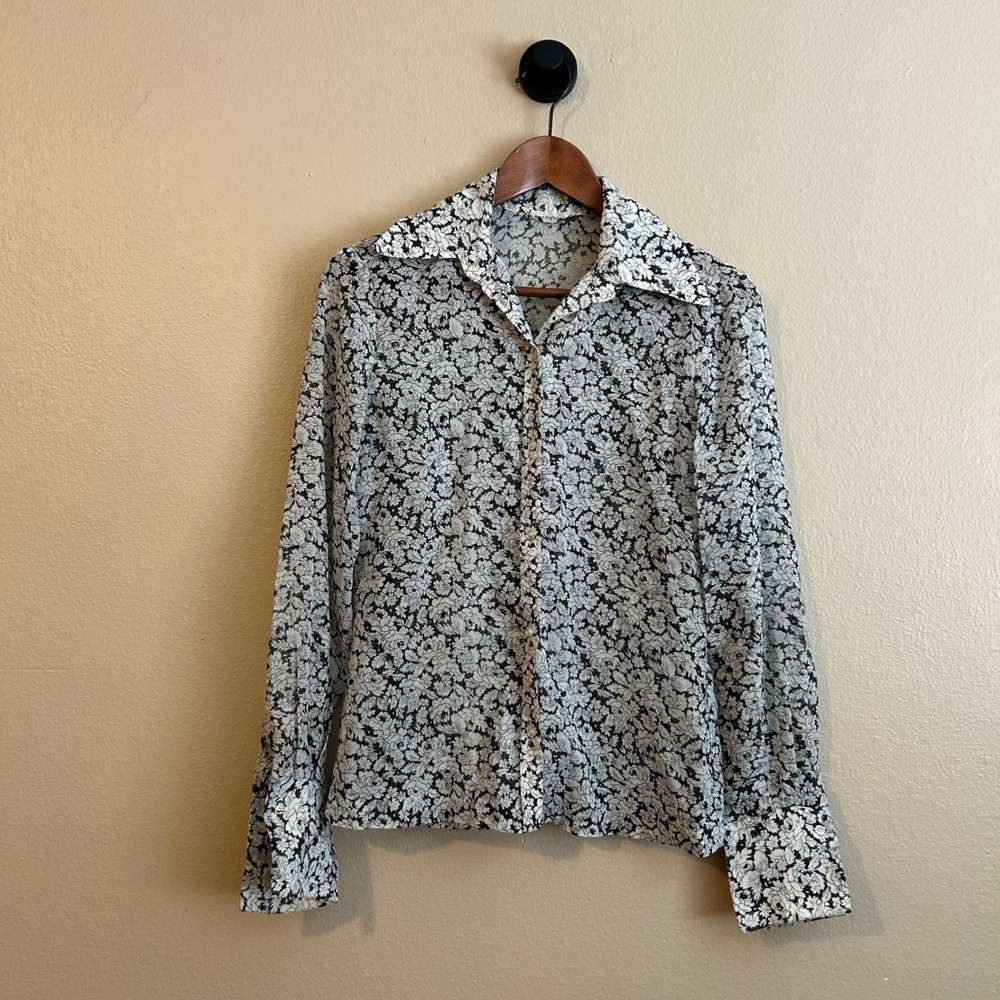Vintage Sheer Floral Dagger Collar Button Up 70s Retro Ivan Kafoury Designs